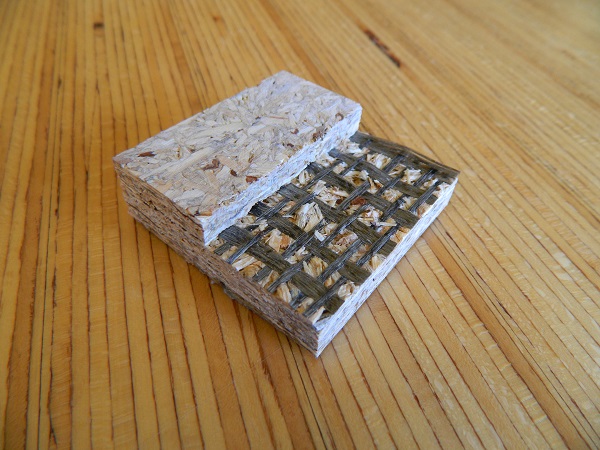 Probe aus einer Spanplatte mit Basaltinlay. Quelle: Aaron Mayer/Universität Göttingen