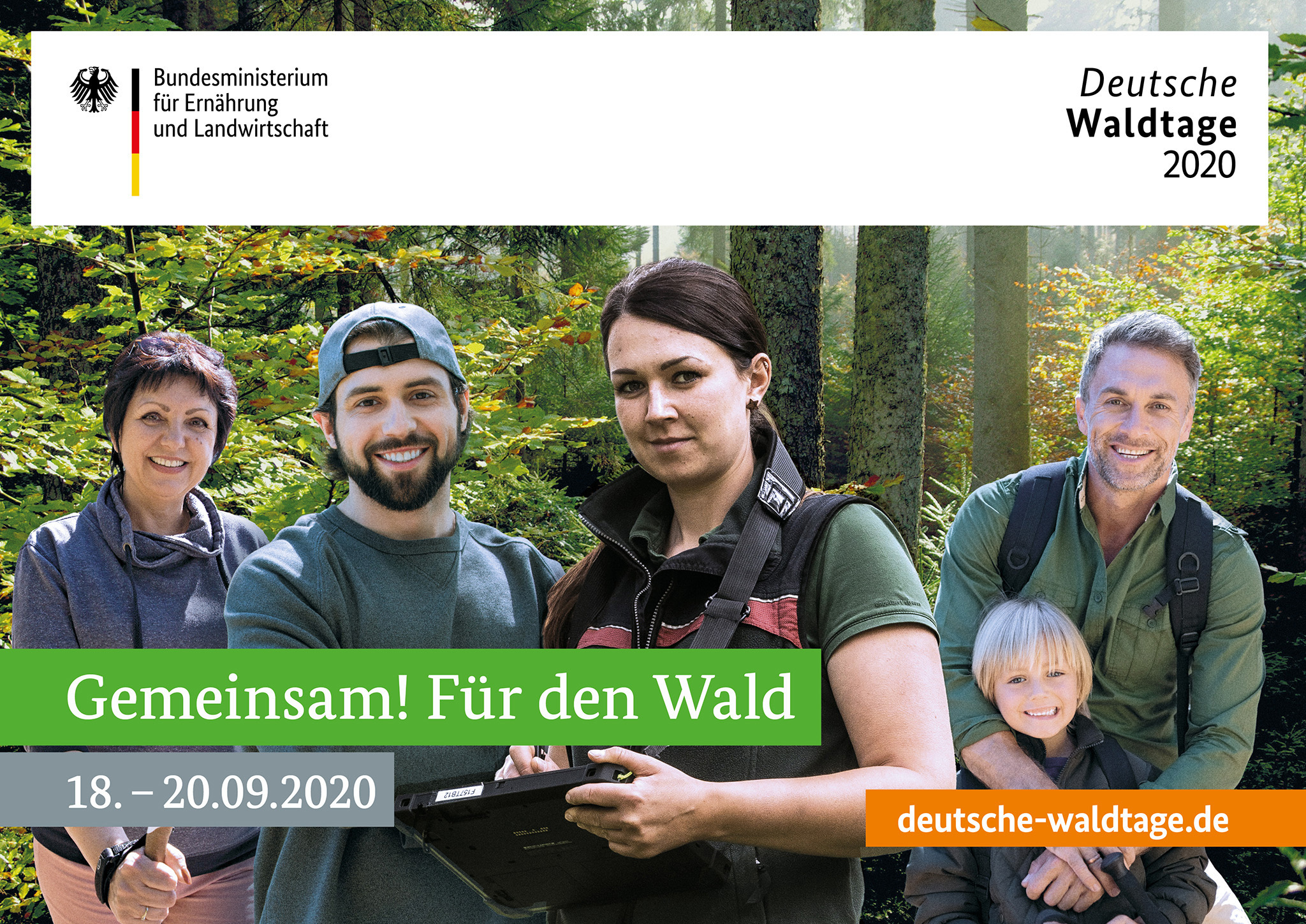 „Gemeinsam! Für den Wald" lautet das Motto der Deutschen Waldtage 2020, die im September zu vielfältigen regionalen Veranstaltungen und Mitmachaktionen einladen. Quelle: BMEL

